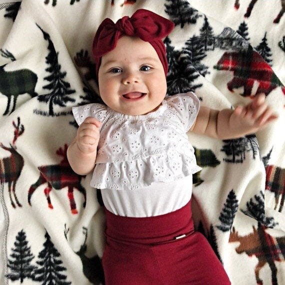 Baby Girl Burgundy Red Leggings And/or Top Knot Headband Set