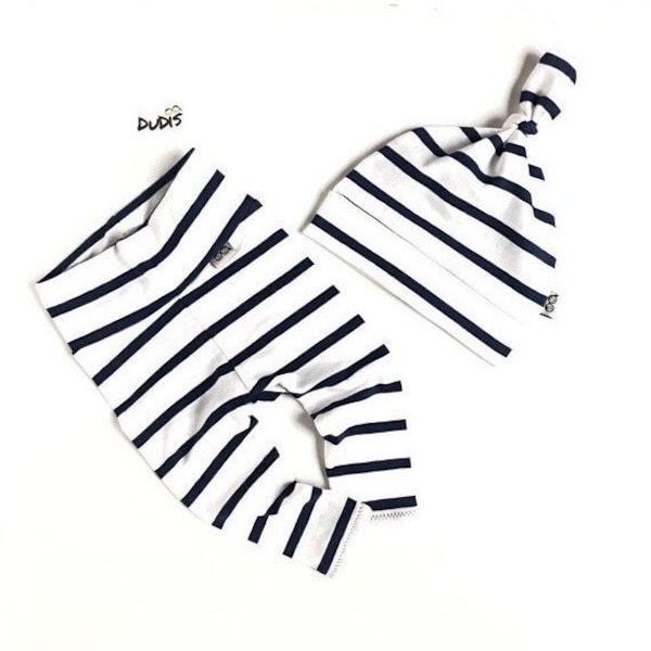 Boy White Navy Striped Leggings and Knot Hat / Preemie Boy Pants and Beanie/ Newborn Boy Coming Home Outfit / Baby Gift Set