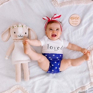 4th of July Bummies and/or Tiny Knot or Top Knot Headband Set, Patriotic Baby Girl Clothes, Toddler Diaper Cover, Cute High Waisted Shorts