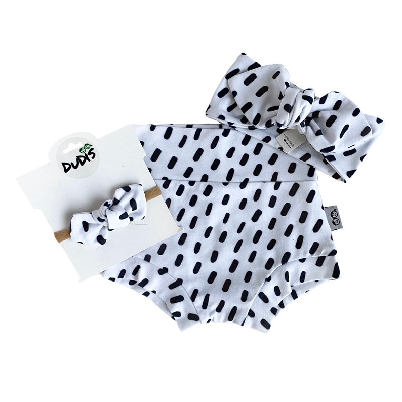 Baby Girl Clothes Cute High Waisted Shorts Toddler Diaper Cover Black Dashes on White Bummies and Tiny Knot or Top Knot Headband Set