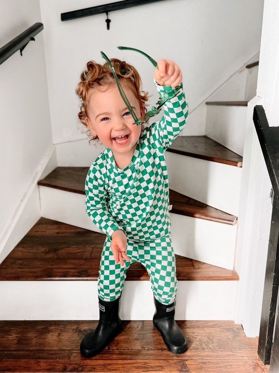 Gruner Retro Karierter Dudis Lounge Set Baby Sweatshirt Handgemachter Kinder Pullover und Hosen Set Kinder Sweatshirt Neutral Baby Yoga Outfit Etsy