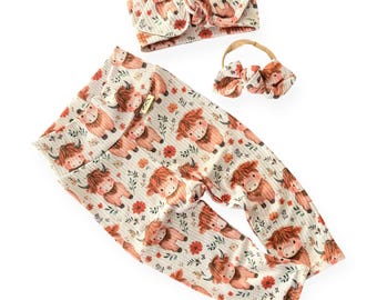 Leginsy Highland Cow Blooms Ribbed z opcjonalnym węzłem, kokardą lub spinką, zestaw dla dziewczynki, rozmiar od wcześniaka do 4T, zestaw krowa, zestaw prezentowy dla dziewczynki