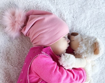 Pink Faux Fur Pom Pom Beanie / Baby Girl Winter Hat / Newborn, Baby, Toddler, Adult Slouchy Pompom Hat