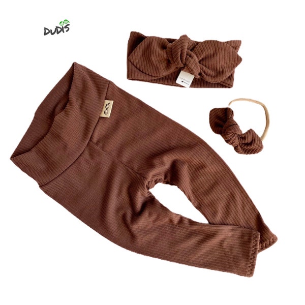 Ensemble leggings en tricot côtelé cacao et/ou bandeau noueux, bébé unisexe bohème, vêtements pour fille prématurée, tenue pour nouveau-né, joli pantalon pour tout-petit