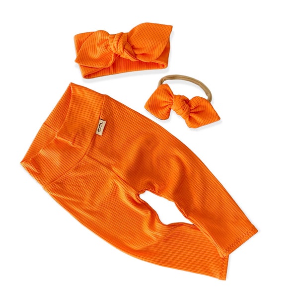 Bright Orange Rib Leggings and/or Top Knot Headbands Set, Preemie Girl Clothes, Newborn Coming Home Outfit, Baby Pants & Bows, Baby Yoga Set