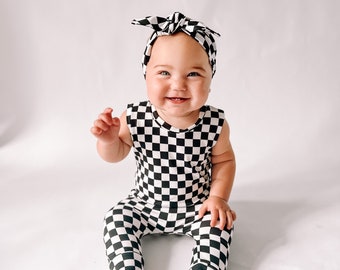 Black Retro Checkered Harem Romper Baby Clothing, Baby Romper, Baby Girl Romper, Summer Baby Romper, Unisex Baby Sleeveless Summer Jumpsuit