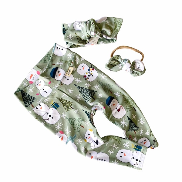 Snowman Christmas Leggings and/or Headband, Unisex Holiday Baby Pants, Preemie Gift Set, Newborn Girl Coming Home Outfit, Winter Holiday