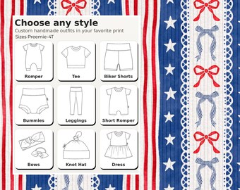 May include: A fabric pattern featuring vertical red and white stripes, blue bands with white stars, and white lace borders with red and blue bows. An overlay displays text Choose any style and icons for a romper, tee, biker shorts, bummies, leggings, short romper, bows, knot hat, and dress.