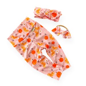 Orange Blossom Leggings and/or Headband Set, Preemie Girl Clothes, Newborn Coming Home Outfit, Baby Pants with Bow, Toddler Outfit Set