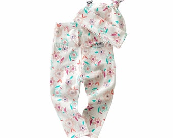 Leggings de flores de flores y conjunto de sombrero de nudo, ropa linda para prematuros, traje de niña recién nacida que regresa a casa, pantalones de bebé y regalo de gorro, conjunto para recién nacidos
