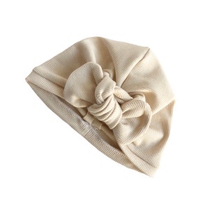 Cream Ribbed Knit Turban Hat, Baby Girl Bow Hat, Preemie Newborn Cute Hospital Hat, Mommy & Me Turbans