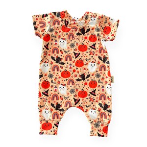 Halloween Party Harem Romper, Pumpkin Halloween Baby Romper, Cute Ghost and Rainbow Print Fall Outfit, Spooky Baby Jumpsuit, Preemie to 4T