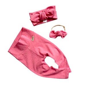 YOU CHOOSE COLOR / Heather Light Red Leggings and Top Knot Headband, Baby Girl Gift Set, Newborn Coming Home Outfit, Preemie Girl Outfit Set