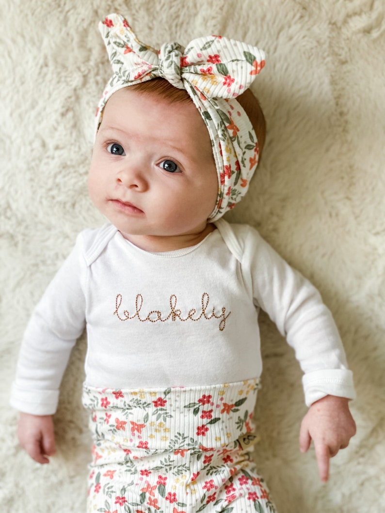 Colorful Dainty Flowers Rib Knit Leggings and/or Headband Set, Preemie Girl Clothes, Newborn Coming Home Outfit, Toddler Pants image 5