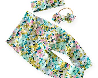 Color Splash Blooms  Leggings with Optional Top Knot, Bow, or Clip,  Baby outfit Set , Size Preemie–4T, flower set, Baby gift set