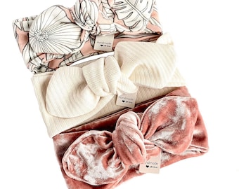 Baby Girl Top Knot Headband Set, Prememie Newborn Headbands, Tropical Floral, Cream Ribbe, Rose Velvet Toddler Bows, Mommy and me Headwraps