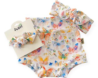 Baby Bummies or Biker Shorts with Headband,  Ribbed Baby Bloomers Butterfly Garden, Baby Girl Outfit, Toddler Shorts, Summer Baby Outfit