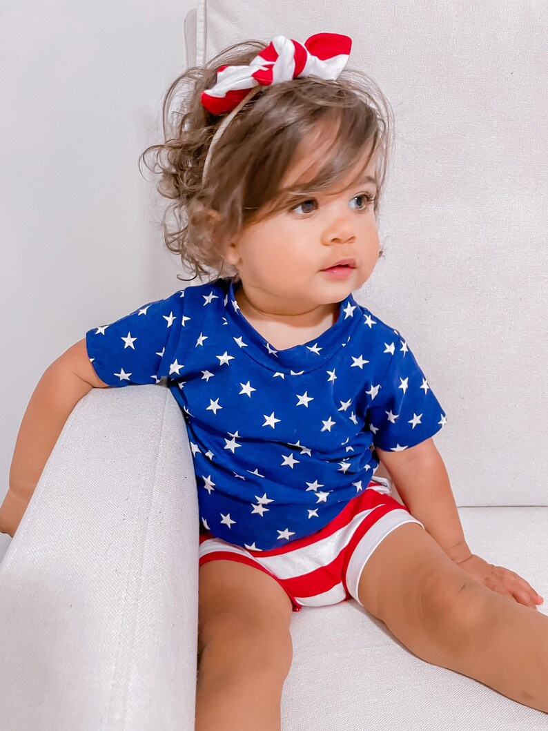 Navy Stars & Red Striped Mix and Match Dudis Summer Lounge Set, Handmade Kids Tee and Shorts Set, Summer holiday outfit, Newborn Fashion image 6