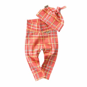 Large Squares on Coral Leggings and Knot Hat Set, Cute Preemie Clothes, Unisex Newborn Coming Home Outfit, Baby Pants and Beanie Gift