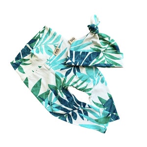 Hawaii Teal Leggings and Knot Hat, Preemie Palm Leaves Clothes, Unisex Newborn Coming Home Outfit, Baby Pants and Beanie Take Home Gift