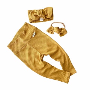 Mustard Rib Knit Leggings and/or Headband Set, Unisex Boho Baby, Preemie Girl Clothes, Newborn Coming Home Outfit, Cute Toddler Pants