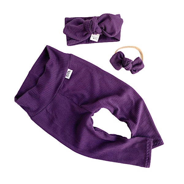 Purple Ribbed Leggings and/or Top Knot Headband Set, Unisex Boho Baby, Preemie Girl Clothes, Newborn Coming Home Outfit, Cute Toddler Pants