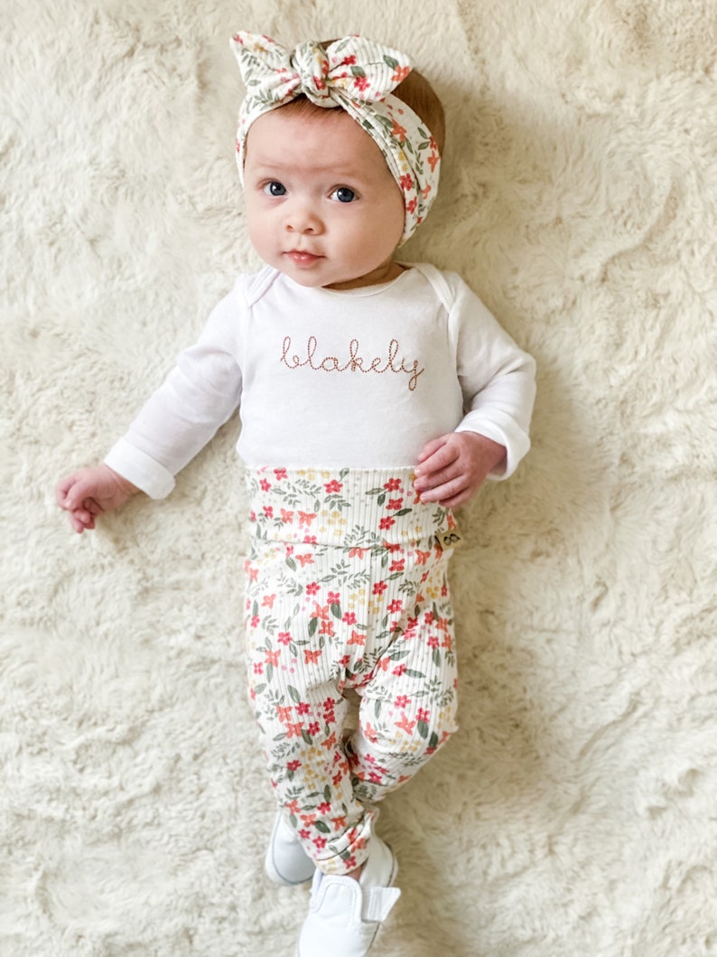 Colorful Dainty Flowers Rib Knit Leggings and/or Headband Set, Preemie Girl Clothes, Newborn Coming Home Outfit, Toddler Pants image 3