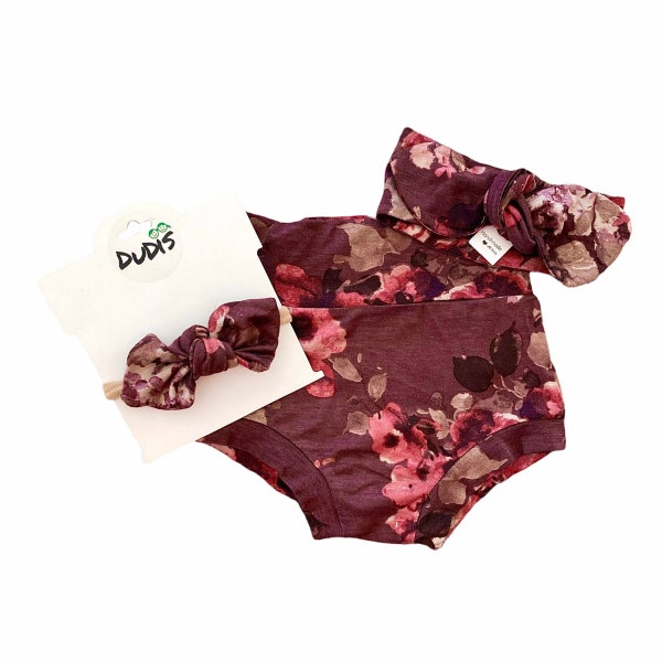Vintage Florals on Burgundy Bummies and/or Headband Set, Baby Girl Cute Outfit, Diaper Cover, Toddler High Waisted Shorts, Vintage print