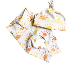 Sunshine Leggings and/or Knot Hat / Preemie Unisex Sun Print Clothes / Newborn Coming Home Outfit / Baby Pants and Beanie, Baby Yoga