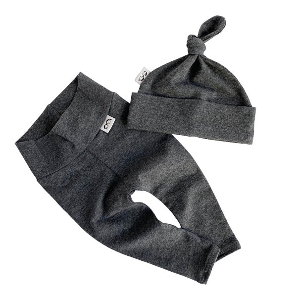 U CHOOSE COLOR, Baby Boy Charcoal Leggings and Knot Hat Set / Preemie Pants and Beanie/ Newborn Boy Coming Home Outfit / Boy Clo