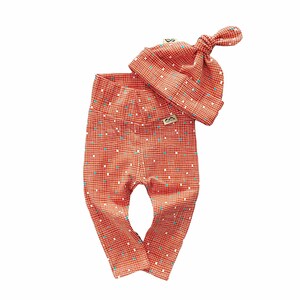 Tiny Squares on Coral Leggings and Knot Hat Set, Cute Preemie Clothes, Unisex Newborn Coming Home Outfit, Baby Pants and Beanie Gift