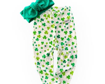 Dainty Green Shamrocks Leggings with Green Headband, Baby Girl Clothes, Toddler Girl Outfit, St Patrick’s Day Gift Set, Irish Baby Gift