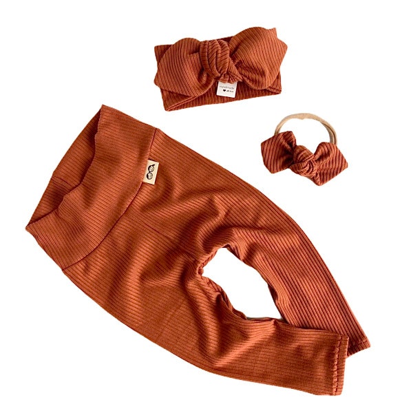 Rust Ribbed Knit Leggings and/or Headband Set, Unisex Boho Baby, Preemie Girl Clothes, Newborn Coming Home Outfit, Cute Toddler Pants