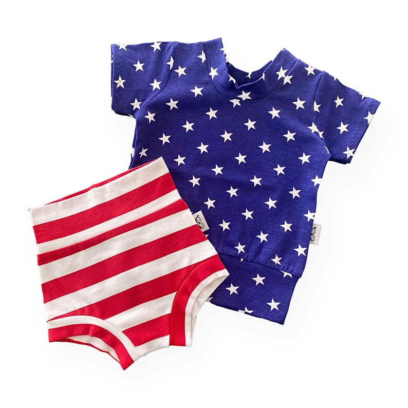 Navy Stars & Red Striped Mix and Match Dudis Summer Lounge Set, Handmade Kids Tee and Shorts Set, Summer holiday outfit, Newborn Fashion image 2