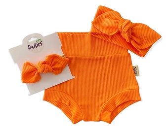 Bright Orange Rib Bummies and/or Top Knot Headband Set, Baby Girl Cute Outfit, Diaper Cover, Toddler High Waisted Shorts, Baby Yoga Outfit