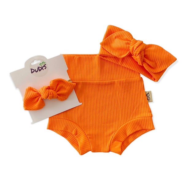 Bright Orange Rib Bummies and/or Top Knot Headband Set, Baby Girl Cute Outfit, Diaper Cover, Toddler High Waisted Shorts, Baby Yoga Outfit