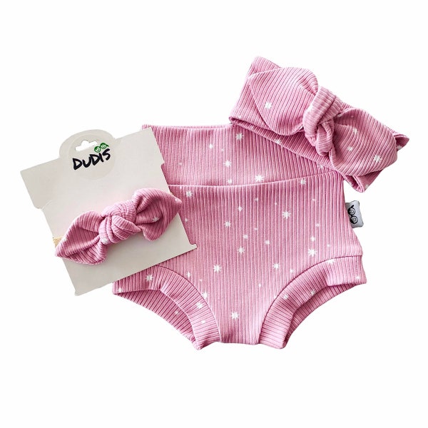 My Lucky Stars on Pink Rib Bummies and/or Tiny Knot or Top Knot Headband Set, Baby Girl Clothes, Toddler Diaper Cover, High Waisted Shorts