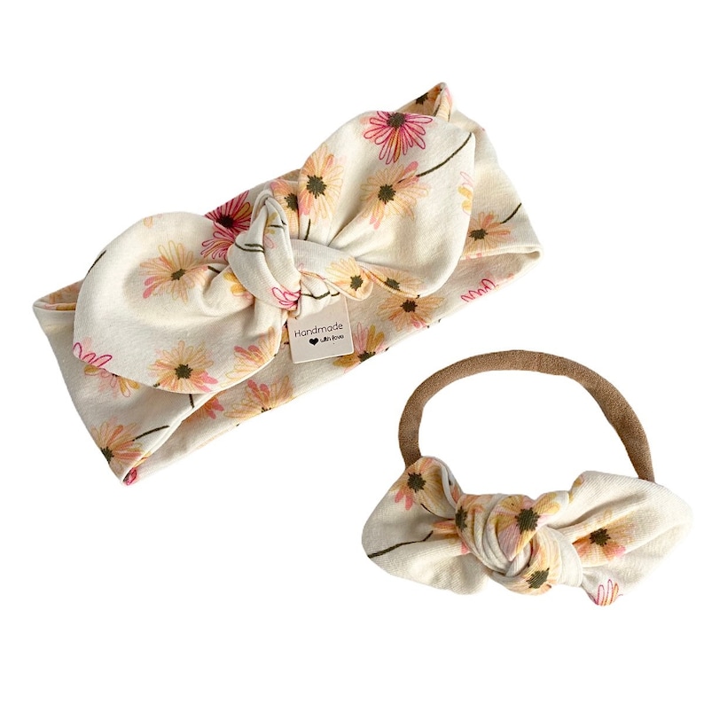Baby Pants /& Bows Newborn Coming Home Outfit Cream Floral Leggings and Top Knot Headbands Set Preemie Girl Clothes