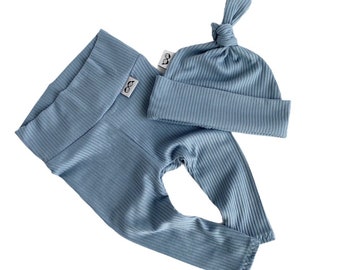シャンブレーリブレギンスとノットハット、未熟児用男の子服、新生児用帰宅用衣装、ベビーパンツとビーニー、新生児用男の子または女の子衣装セット