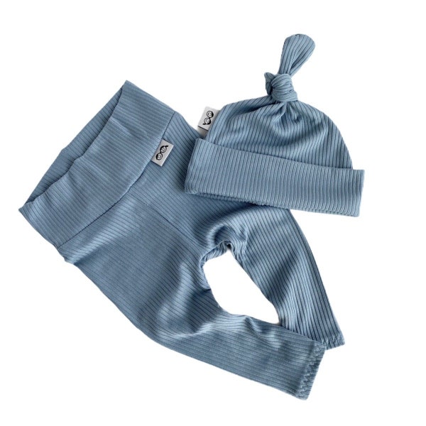 Chambray Rib Leggings and Knot Hat / Preemie Boy Clothes / Newborn Coming Home Outfit / Baby Pants and Beanie/Newborn Boy Or Girl Outfit Set