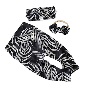 Black Pampas Leaves Leggings and/or Top Knot Headband Set, Preemie Girl Clothes, Newborn Coming Home Outfit, Cute Toddler Pants