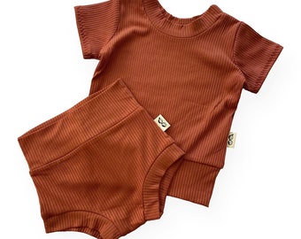 Rust Rib Dudis Summer Lounge Set, Handmade Kids Tee and Shorts Set, Summer Holiday, Baby Yoga, Newborn Clothes gift Toddler Fashion