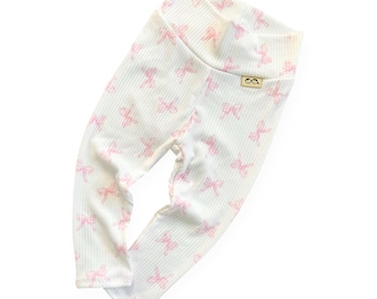 Pink Bows Ribbed Leggings with Optional Top Knot, Bow, or Clip,  Baby Pink bow set,Size Preemie–4T,  Baby Girl gift set