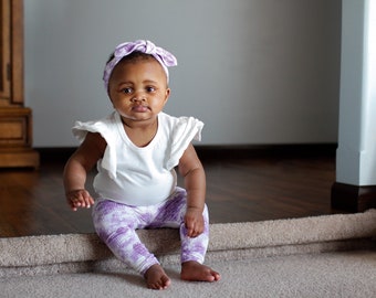 Purple Tie Dye Leggings And/or Top Knot Headband Set, Unisex Baby