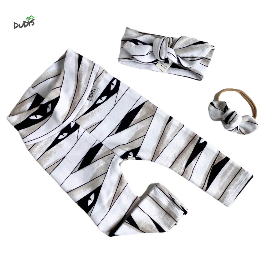 White Mummy Leggings and Top Knot Headband Set, Preemie Girl Clothes