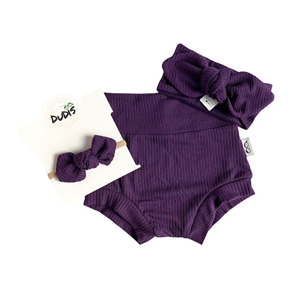 Purple Ribbed Bummies and/or Top Knot Headband Set, Baby Girl Cute Outfit, Diaper Cover, Toddler High Waisted Shorts