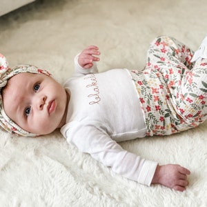 Colorful Dainty Flowers Rib Knit Leggings and/or Headband Set, Preemie Girl Clothes, Newborn Coming Home Outfit, Toddler Pants image 1