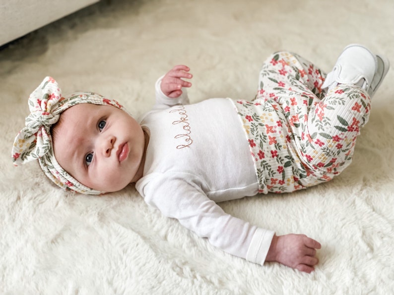 Colorful Dainty Flowers Rib Knit Leggings and/or Headband Set, Preemie Girl Clothes, Newborn Coming Home Outfit, Toddler Pants image 1