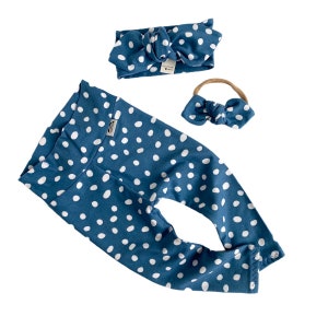 Blue White Abstract Dots Baby Girl Leggings and Headband, Baby Pants, Preemie Girl Gift Set, Newborn Girl Coming Home Outfit,  Baby Clothes