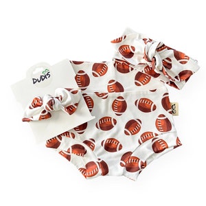 Football Bummies and/or Top Knot or Tiny Knot Headband Set, Diaper Cover, High Waisted Biker Shorts, Cute Baby Super Bowl Outfit Sport Set
